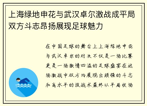 上海绿地申花与武汉卓尔激战成平局双方斗志昂扬展现足球魅力