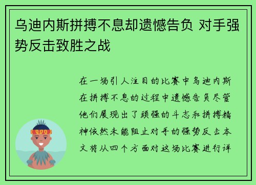 乌迪内斯拼搏不息却遗憾告负 对手强势反击致胜之战