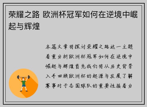 荣耀之路 欧洲杯冠军如何在逆境中崛起与辉煌