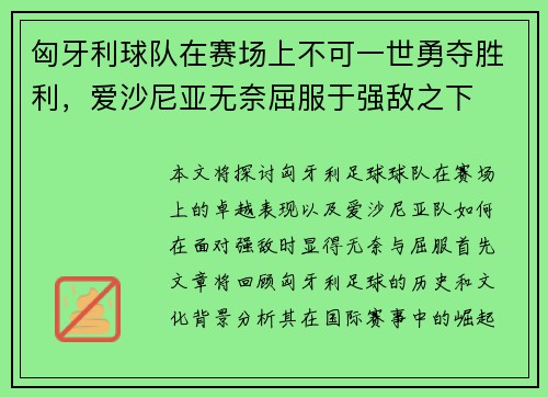 匈牙利球队在赛场上不可一世勇夺胜利，爱沙尼亚无奈屈服于强敌之下