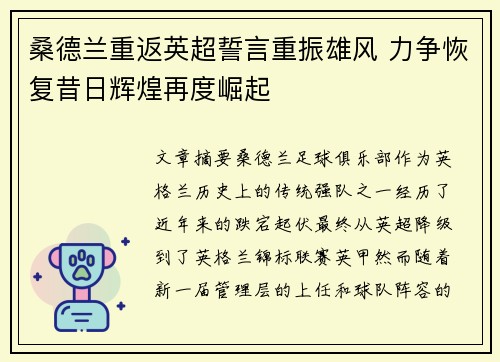 桑德兰重返英超誓言重振雄风 力争恢复昔日辉煌再度崛起
