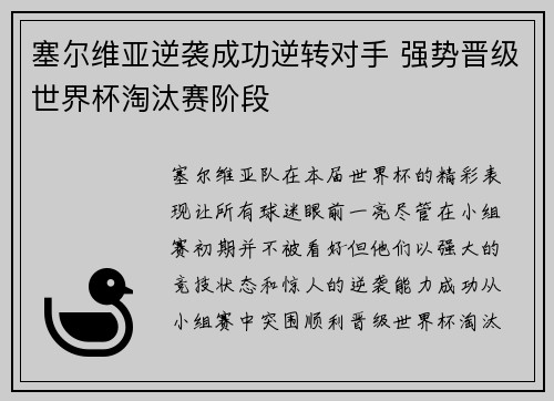 塞尔维亚逆袭成功逆转对手 强势晋级世界杯淘汰赛阶段