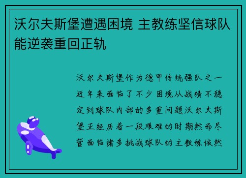 沃尔夫斯堡遭遇困境 主教练坚信球队能逆袭重回正轨