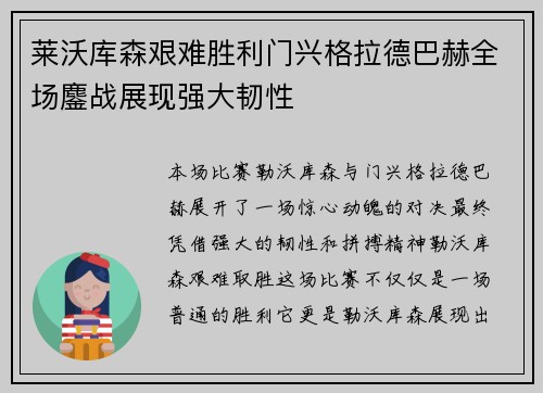 莱沃库森艰难胜利门兴格拉德巴赫全场鏖战展现强大韧性