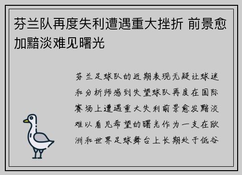 芬兰队再度失利遭遇重大挫折 前景愈加黯淡难见曙光