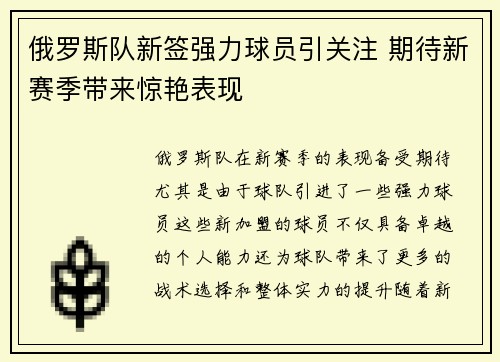 俄罗斯队新签强力球员引关注 期待新赛季带来惊艳表现