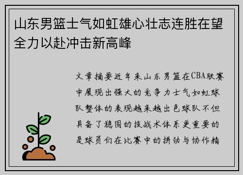 山东男篮士气如虹雄心壮志连胜在望全力以赴冲击新高峰