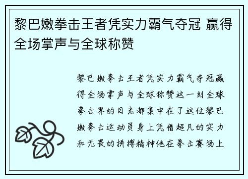 黎巴嫩拳击王者凭实力霸气夺冠 赢得全场掌声与全球称赞