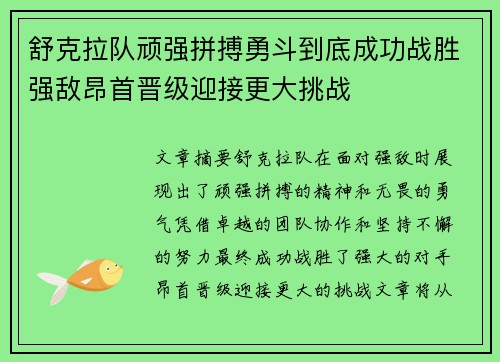 舒克拉队顽强拼搏勇斗到底成功战胜强敌昂首晋级迎接更大挑战