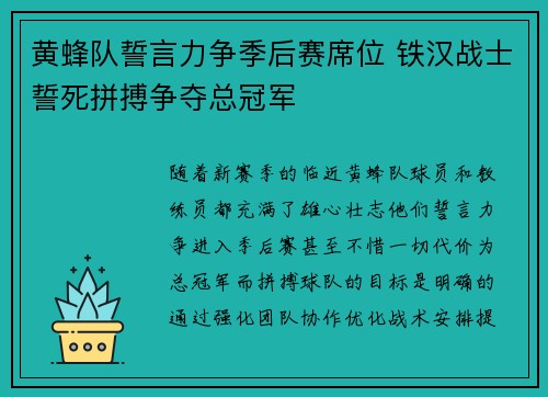 黄蜂队誓言力争季后赛席位 铁汉战士誓死拼搏争夺总冠军