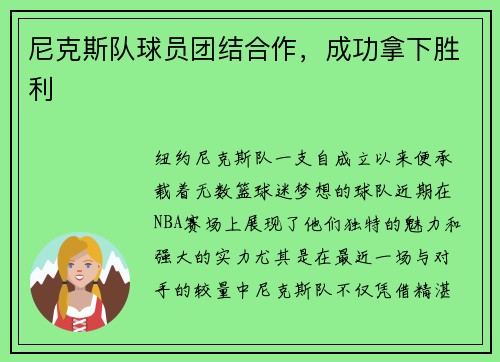 尼克斯队球员团结合作，成功拿下胜利