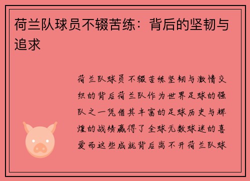 荷兰队球员不辍苦练：背后的坚韧与追求