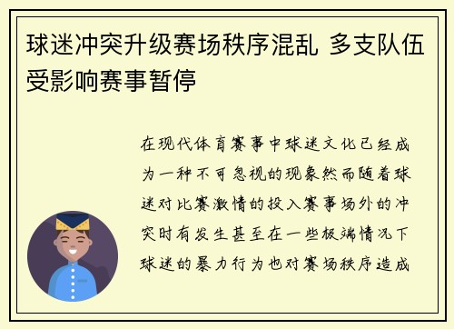 球迷冲突升级赛场秩序混乱 多支队伍受影响赛事暂停