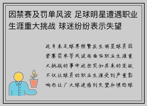 因禁赛及罚单风波 足球明星遭遇职业生涯重大挑战 球迷纷纷表示失望