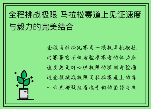 全程挑战极限 马拉松赛道上见证速度与毅力的完美结合